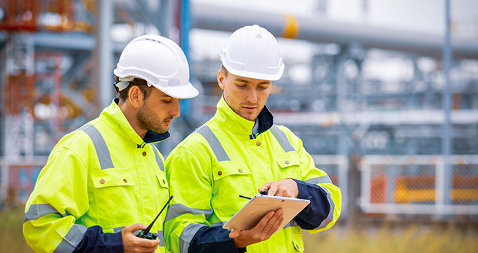 two construction workers in high visibility jackets using a tablet at an industrial site discussing project safety three key aspects of teamwork