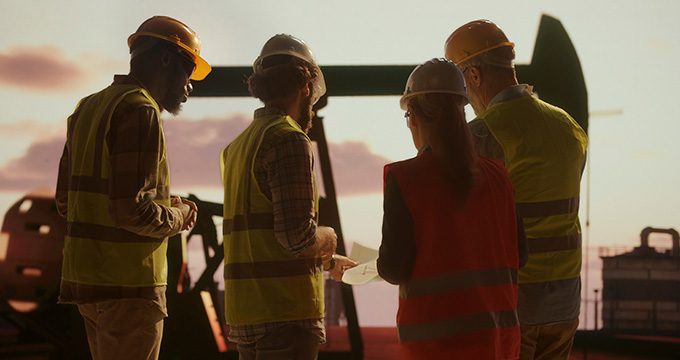 group of four construction workers discussing plans at sunset in front of an oil rig with hard hats and vests showing teamwork and safety in the construction industry 5 key elements to success