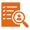 an orange checklist with a magnifying glass focusing on a person illustrating an inspection process related to task completion and evaluation 1 criteria 1 assessment 1 review